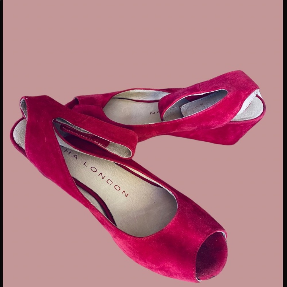 Sacha London vibrant red nubuck  wedge-heels open toe with velcro ankle straps.
